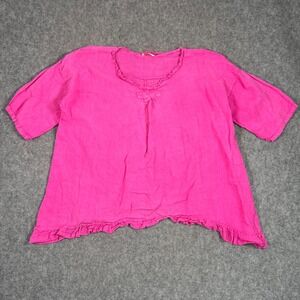 TLL Made in Italy Hot Pink Short Sleeve Ruffled Linen Blouse Women's One Size